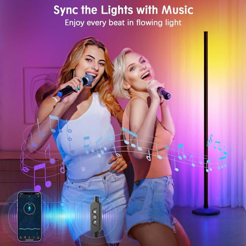 bedee LED Corner Floor Lamp: 64.5 Inch RGB Color Changing with Music Sync, Modern Standing Mood Lighting Remote & App Control, Creative DIY Mode Timing for Living Room Gaming, 2 Pack