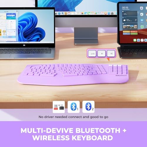 MEETION Ergonomic Keyboard Wireless, Multi-Device Bluetooth Keyboard, Full-Sized Split Computer Keyboards, Wrist Rest for Natural Typing, for Windows/Mac/Laptop/Table/PC, Purple - 4