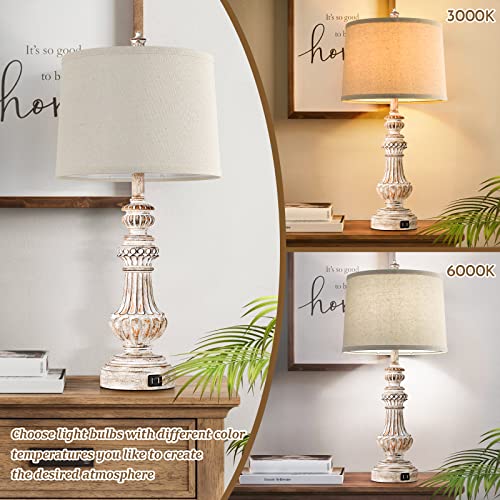 Tall Vintage Table Lamps Set Of 2, 28” With Dual Usb Ports, Resin Bedside Lamps With Rotary Switch, Nightstand Lamps With E26 Base, Desk Lamp With Fabric Shade For Living Room Bedroom #TOP5
