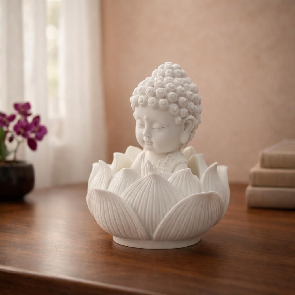 RIANZ® Premium Matte White Buddha Idol in Lotus Base, Detachable Meditating Baby Buddha Statue for Car Dashboard, Home Office Decor - Handcrafted in India 9cm (White)-image-17
