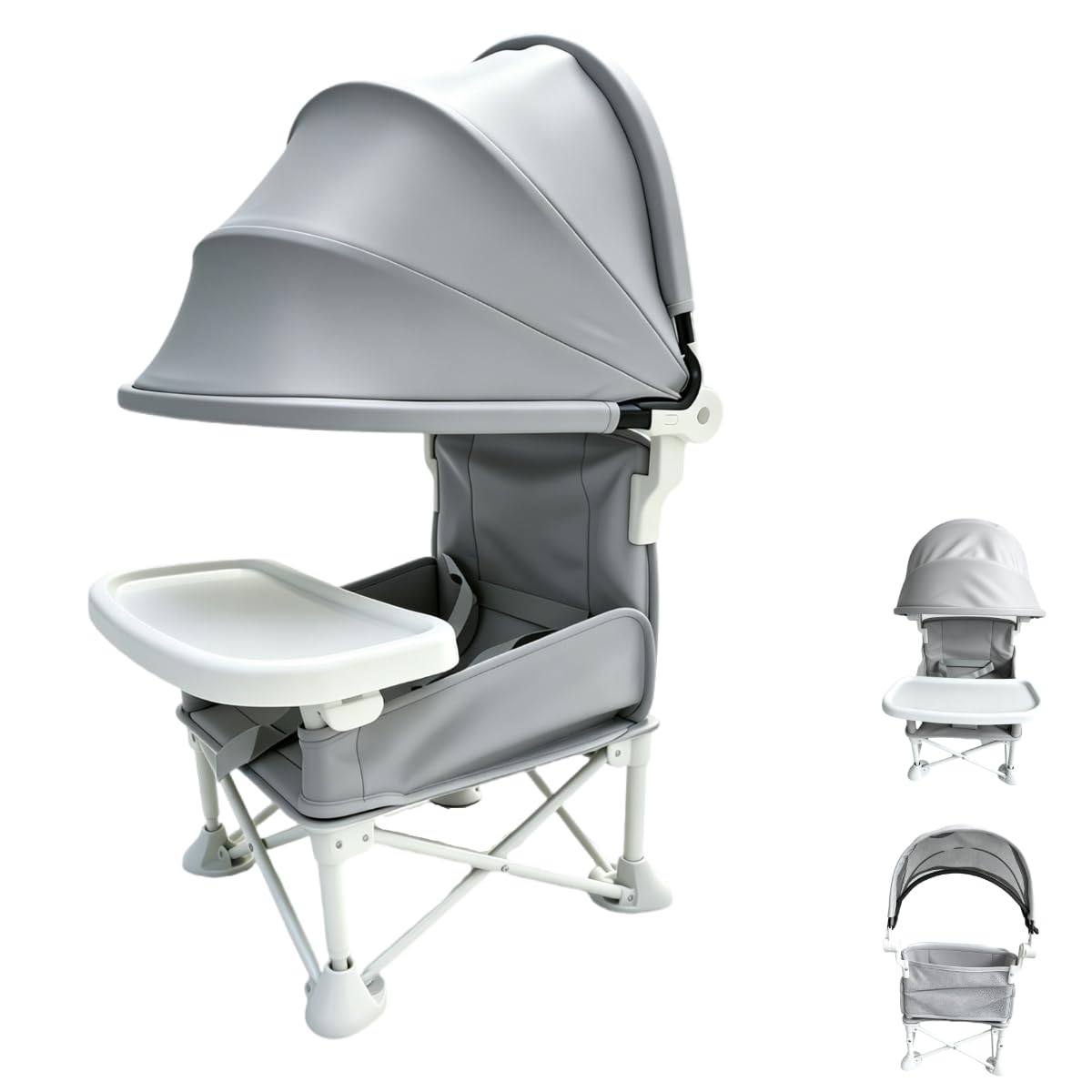 Foldable Baby Travel Seat Booster Feeding Chair for Children Toddlers Infants with Removable Tray & Detachable Sunshade – Toddler Dining Chair for Indoor/Outdoor, Travel, Feeding or Camping (Grey)