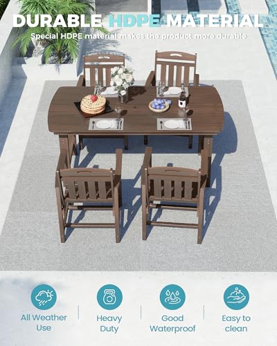 Image of Ciokea HDPE Outdoor Dining Set, 5-Piece Patio Table and Chairs Set with Umbrella Hole, All-Weather Patio Dining Sets for 4, Durable Patio Furniture for Backyard, Garden, Lawn & Poolside, Brown