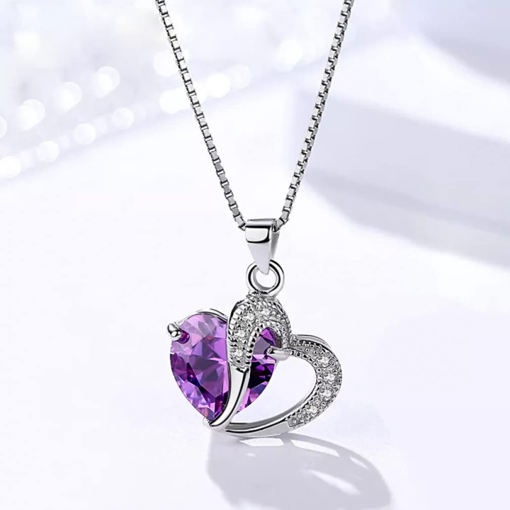 Collana con Pendenti a Doppio Cuore in Argento Sterling 925 Collana con Ciondolo a Forma di Goccia di zirconi Viola da Donna