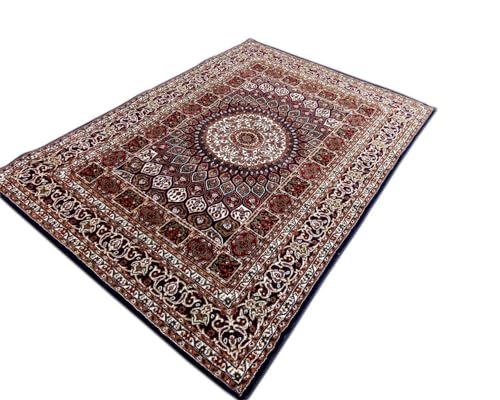 Image of Kashmiri Traditional Design Wool & Wool Blend Carpet with 12 MM Pile Height 6x9 Feet Blue Colour