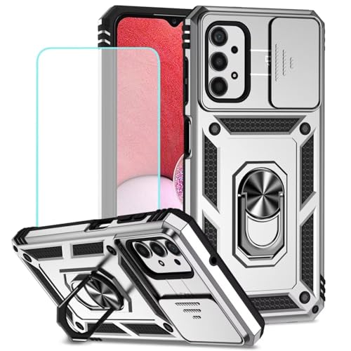 Vokuha Case for Galaxy A13 4G/Samsung A13 LTE 4G SM-A135F Case with Tempered Glass Screen Protector and Slide Camera Cover, 360° Rotate Ring Stand Magnetic Cover for Samsung Galaxy A13 4G Silver