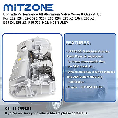 Mitzone Upgrade Performance All Aluminum Valve Cover & Gasket Kit Compatible With Bmw E82 128I, E9X 323I 328I, E60 528I, E70 X5 3.0Si, E83 X3, E85 Z4, E89 Z4, F10 528I N52/ N51 Sulev #TOP3