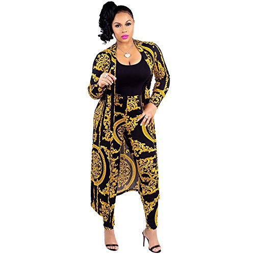 Women 2 Piece Club Outfits Long Sleeve Floral Open Front Cardigan and Pants Set (Medium, Black)