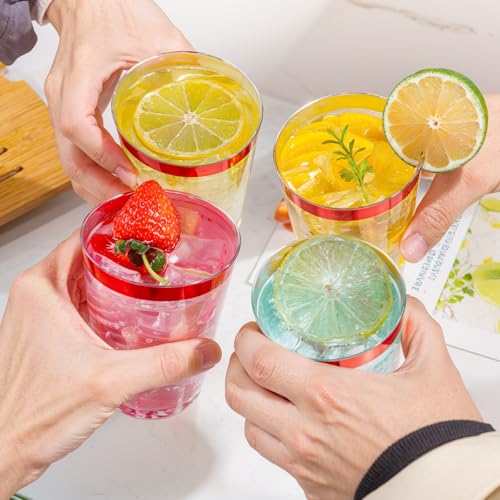 Image of DaYammi 100 Pack Red Plastic Cups 10 Oz,Red Rimmed Plastic Cups for Party Fancy Disposable Cup for Wedding Disposable Glasses Clear Tumblers with red Rim for Bridal Shower Elegant Wine Cocktail Cup