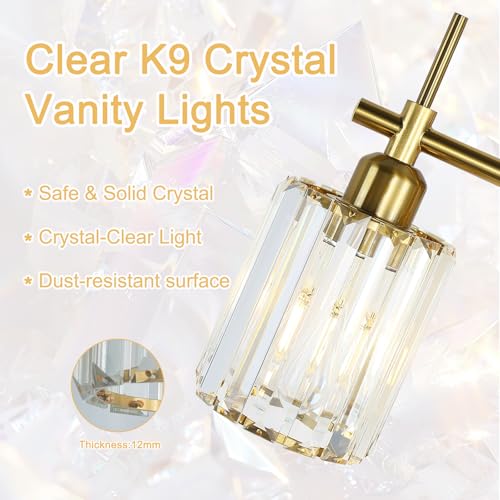 Image of Bathroom Vanity Light, 3-Light Brushed Gold Bathroom Light Fixtures, Modern Wall Sconces with Crystal Clear Shades, Wall Mounted Lamp Over Mirror for Bedroom Living Room