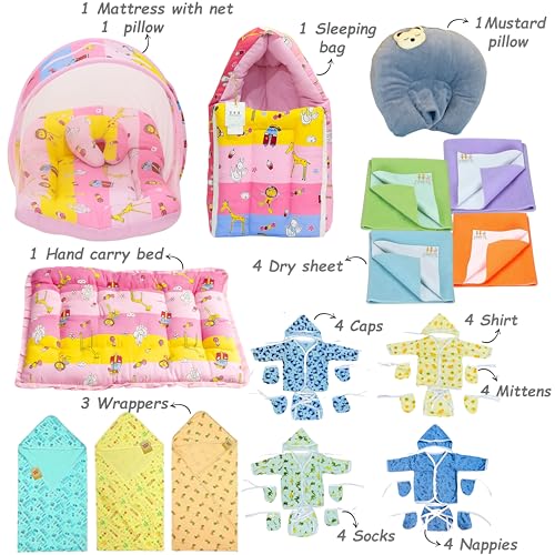 Image of Fareto Infantbond Newborn Baby Bedding Essentials | Daily Needs Items | Hopsital kit Ready Combo | Baby Products All (Pack of 32) (0-6months) (Pink Giffi)