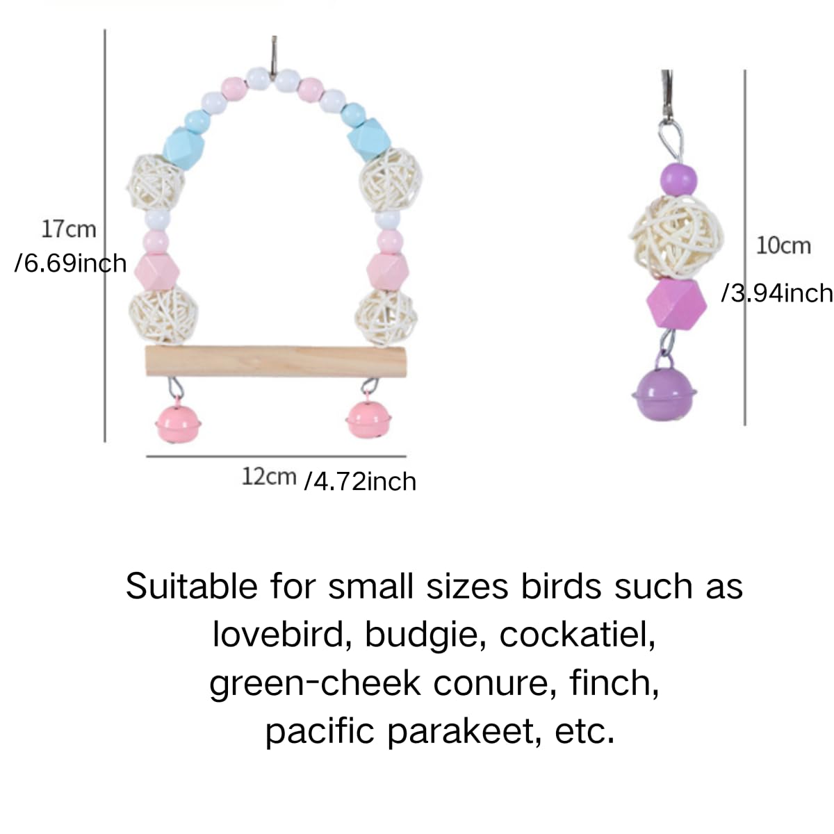 2PCS Parrot Swing Toy with Chewing Toy Set Bird Perch Swing for Parrots Lovebird Budgie Cockatiel Conure, Colorful Cage Accessories (Pink)