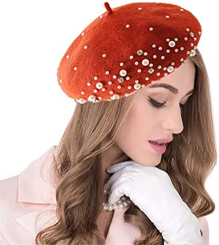 seven wolves Womens Beret Hat Wool French Beret Solid Color Chic Beanie Cap Hat, Orange 1