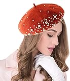 seven wolves Womens Beret Hat Wool French Beret Solid Color Chic Beanie Cap Hat, Orange 1