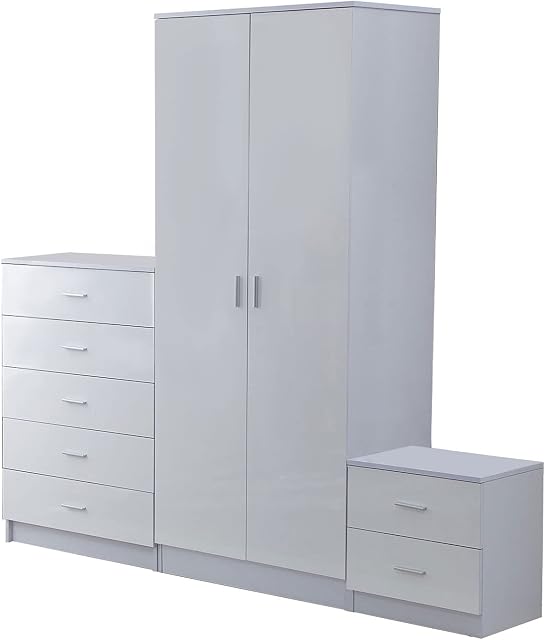 HOMCOM High Gloss 3 Piece Trio Bedroom Furniture Set Wardrobe + Chest Of Drawer + Bedside White