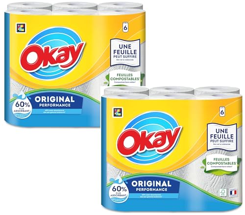 Papier essuie tout blanc Okay Original ultra résistant et très absorbant 12 rlx