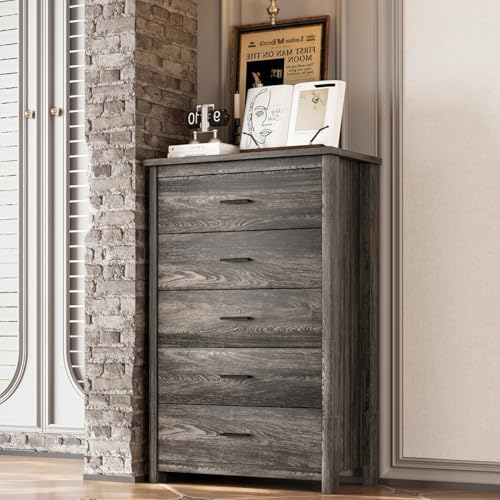 Image of Merax 4-Pcs Queen Size Bed Frame Dresser Night Stand Bedroom Set, Platform with USB Charging Ports Storage Headboard & 1 x 5 Drawers Cabinet & 2 x Nightstands, Wooden, Antique Grey