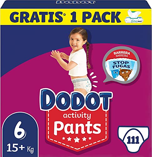 Dodot Pañales Bebé Activity Pants Talla 6 (+15 kg), 111 Pañales + 1 Pack de 48 Toallitas Gratis Aqua Pure, Pack Mensual