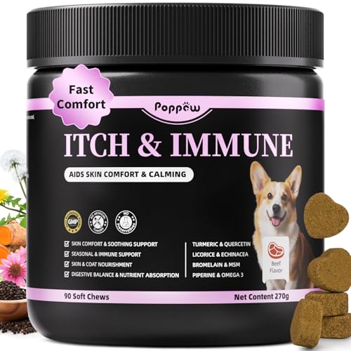 POPPAW Itch Relief for Dogs - Turmeric Supplements for Itching Skin Comfort & Coat Health & Seasonal Allergy Care, Immune Support Supplement with Omega-3 Fish Oil, Biotin - Beef Flavor - 90 Count