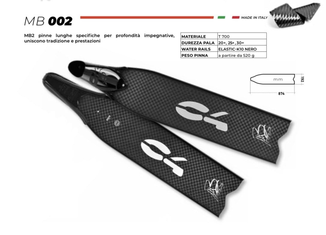 C4 Aletas MB002 - Aletas de carbono Apnea para pesca subacuática con zapatilla C4 250, dureza pala 20-25-30, longitud de la pala 87,5 cm