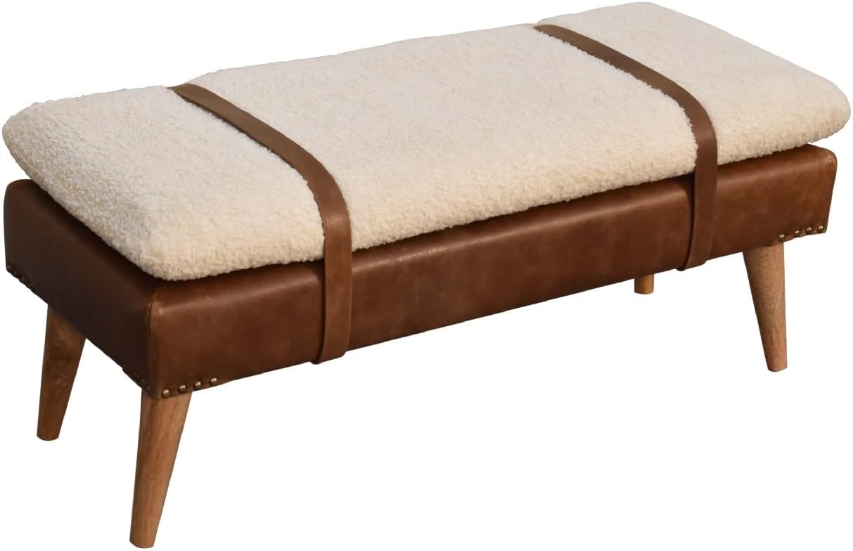 Buffalo Hide Leather Bench Chestnut - Wood Frame Upholstered Bench for Entryway Living Room Bedroom, Timeless Elegant Design with Clean Lines, Versatile Home Accent