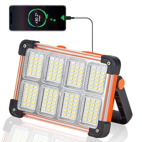 Image of 120W Solar Rechargeable Work Light, 144 LED 10000LM Portable Flood Light with Stand, IP66 Waterproof 4 Modes LED Job Site for Mechanic Camping Fishing Car Repair (Orange 1 Pack)