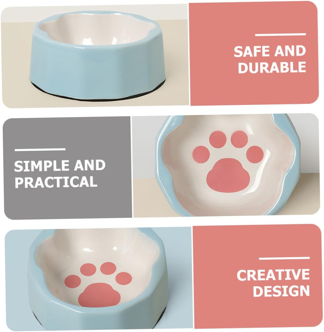 VANZACK Slanted Blue Ceramic Pet Bowl with Cute Animal Paw Print, Tilted Cat and Dog Feeding Dish for Small Pets, Sturdy Food Container for Indoor Use