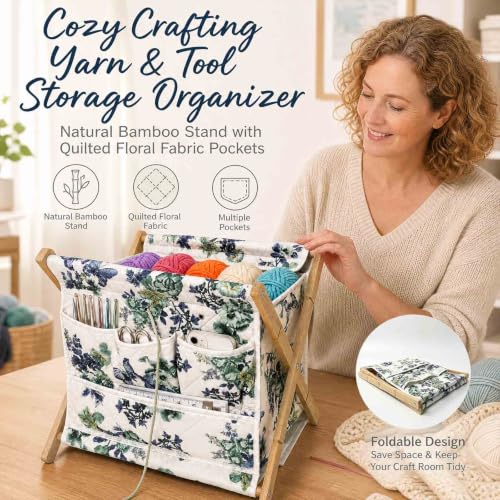 Image of Gkesgm Yarn Caddy Organizer with 6 Thread Holes | Bamboo Quilted Padded Knitting Storage Basket for Crochet Hooks, Knitting Needles, and Craft Accessories
