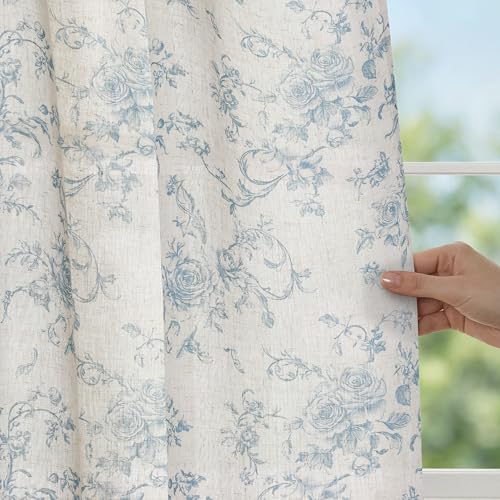 XWZO Linen Floral Curtains Blue Flower Patterned Curtains for Living Room Bedroom Elegant Light Filtering Curtain 108 Inch Length Rod Pocket Window Curtain Drapes Set 2 Panels by XWZO - Used condition - Image 6