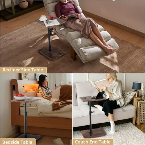 Image of C Shaped End Table Height Adjustable Side Table Sofa Tray for Couch, Sofa Bed Bathroom Study TV Tray Food Snack Trays for Eating, Rustic