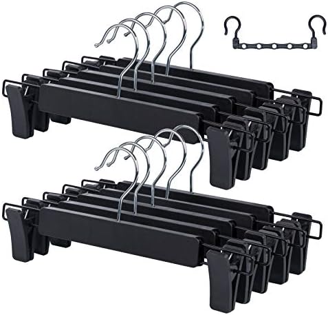 ilauke 10 Pack Trouser Hangers Skirt Hangers Black Plastic Clothes Hangers with Strong Non-slip Adjustable Clips, 360° Hook, Hangers for Skirts, Jeans, Slacks + Magic Hanger