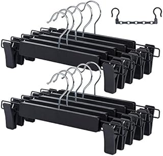 ilauke 10 Pack Trouser Hangers Skirt Hangers Black Plastic Clothes Hangers with Strong Non-slip Adjustable Clips, 360° Hook, Hangers for Skirts, Jeans, Slacks + Magic Hanger
