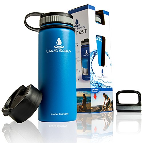 Liquid Savvy 18oz Insulated Water Bottle with 3 lids - Stainless Steel, Wide Mouth Double Walled Vacuum Insulated Bottle for Hot and Cold Beverages (Blue)