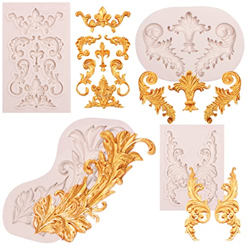Baroque Silicone Fondant molds, 4 Packs Scrolls Baroque Feather Clay Mold for Corner, Wedding Birthday Party Cake Cupcake Decoration Candy Polymer Clay by muyulin - Used condition - US$8.90