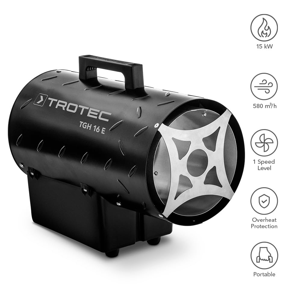 TROTEC Gasheizgebläse TGH 16 E – Heizleistung 15 kW – Elektroheizer Luftmenge 580 m³/h – Gaskanone, Bauheizer