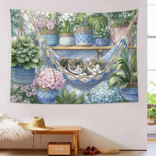 Tapisserie murale support plantes chat suspendu décoration bleu-vert