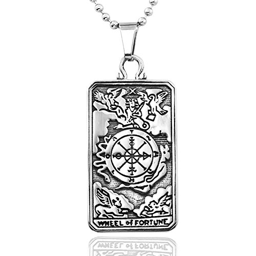 4ZOM Silver Stainless Steel X Wheel of Fortune Tarot Card Pendant Necklace