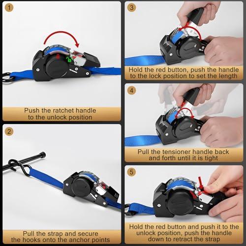 Image of 10FT Retractable Ratchet Straps(2-Pack) - 1 Inch (1800 LB Break Strength) Heavy Duty Self Retracting Ratchet Straps with Soft Loops & Storage Bag for Household, Motorcycle, Truck, ATV(Blue)