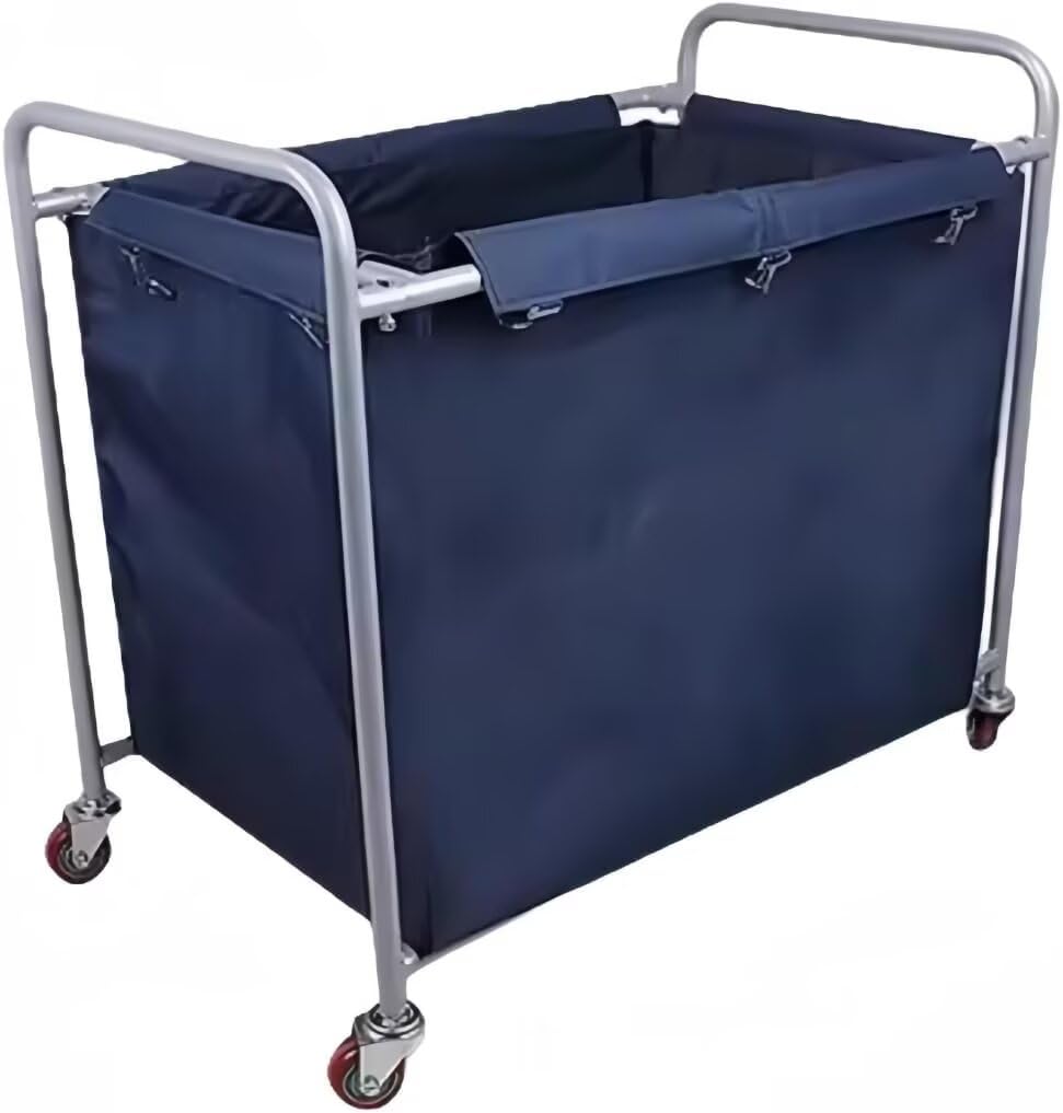 PANCY リネンカート サービスカート 業務用 ランドリー リネンワゴン ホテル用 約370L 大容量 ブレーキホイール付き 付布袋 ホテル清掃台車 業務洗濯物用かご 大型分別カート 学校 病院 工場 ハンドトラック ファブリックバッグ取り外し可能 洗濯可（パイプ4本型 ブルー）