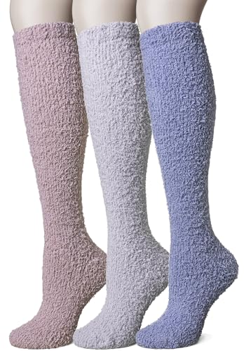 DoSmart Women Fuzzy Socks 3 Pairs Knee High Fluffy Soft Warm Stocking Cozy Slipper Plush Winter Long Socks(Purple/Blue/Pink)
