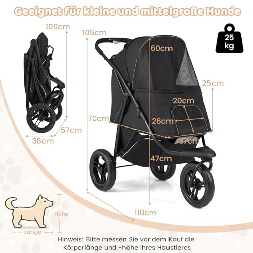 COSTWAY Hundewagen klappbar, Hundebuggy bis 25 kg, Katzenwagen 3 Rad, Haustierwagen mit verstellbarem Sonnendach, Netzfenster, Korb & Polster, Haustierbuggy für Katzen Hunde (Schwarz)