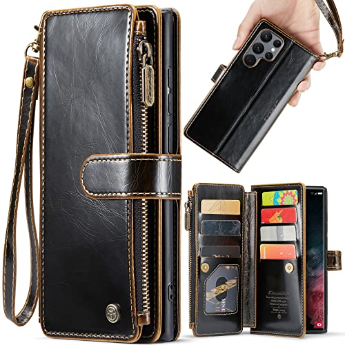ASAPDOS Samsung Galaxy S22 Ultra Case Wallet,Retro Suede PU Leather Strap Wristlet Flip Case with Magnetic Closure,Card Holder and Kickstand for Men Women(Coffee)