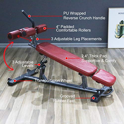 Finer Form Semi-Commercial Sit Up Bench For Decline Bench Press and Core Workouts, with Reverse Crunch Handle for Ab Exercises and 4 Adjustable Height Settings (Red)