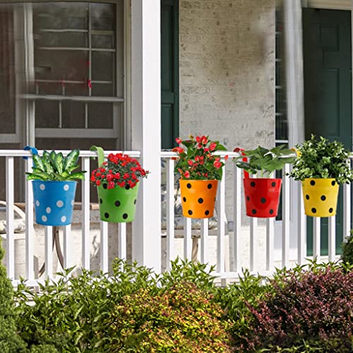 Trustbasket 7 Inch Bucket Railing Planter | Polka Dotted Flower Pots For Railing, Outdoor Balcony Garden, Fence, Deck With Detachable Hooks (Multicolored, 5 Pcs) #TOP12