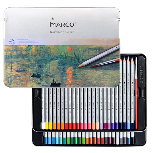 MARCO 7120 Lápices de colores - 48 colores solubles en agua - Lápices hexagonales de madera con pincel - Juego para principiantes - Empaquetado en una caja de hierro, conveniente para transportar