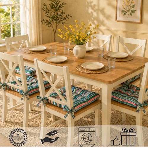 Image of Pack of 2 Washable Reversible Woven Boho Green Seat Cushions with Micro Fiber Filler & Ties for Chair, Floor Sitting, Pooja, Dining Table, Outdoor, Size 16 x 16 Inches | 40 x 40 cm