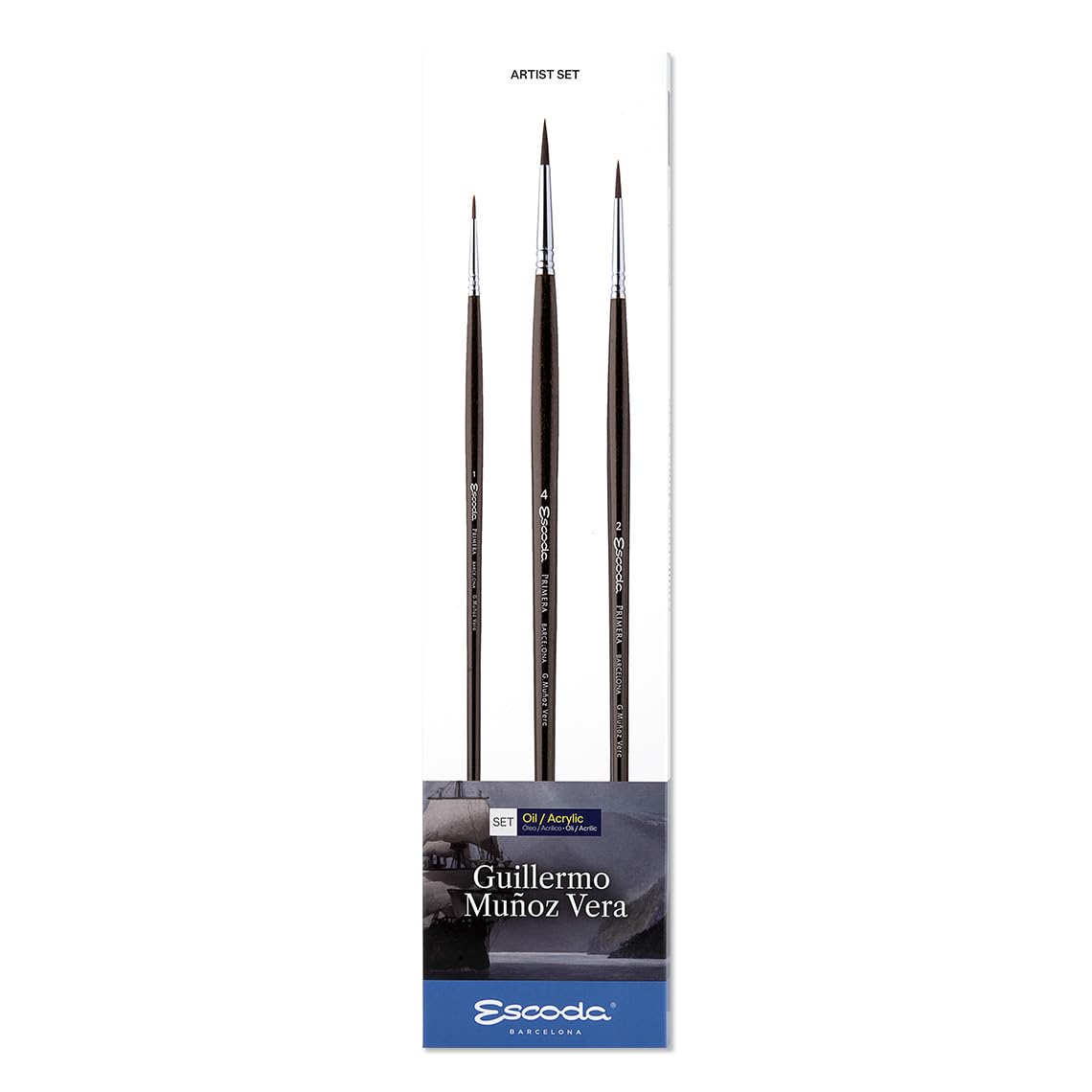 ESCODA Set 3 Pinceles Óleo - N.1,2,4 Redondo Punta Pelo Fibra Sintética Set Guillermo Muñoz Vera Serie Primera Profesional Fabricado a Mano en España.