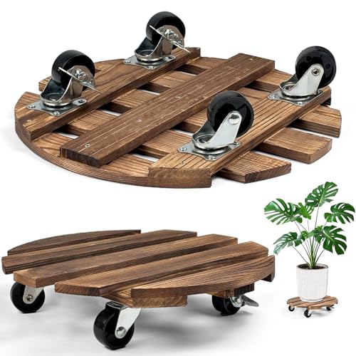 RUHUHUR Wooden Plant Caddy with Wheels, 30cm Round