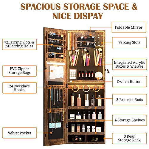Image of Vlsrka Mirror Jewelry Cabinet with 3 LED Lights, Wall /Door Mounted Jewelry Armoire Organizer with Full Length Mirror Large Capacity Storage Hanging Cabinet, Built-in Lighted & Movable Makeup Mirror