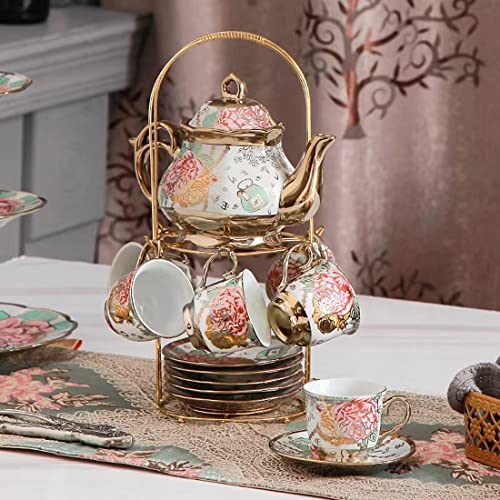 CHANJOON tea sets Gold Plated Red Rose Ceramic Tea Set, Vintage Teapot Tea Sets Beautiful Tea Set Coffee Serving 6 People (Golden, Medium) CHANJOON tea sets Gold Plated Red Rose Ceramic Tea Set, Vintage Teapot Tea Sets Beautiful Tea Set Coffee Serving 6 People (Golden, Medium)