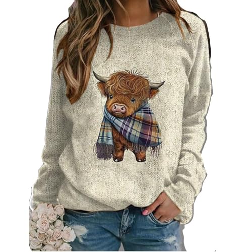 Cute Highland Cow Print Sweatshirt for Women Fall...